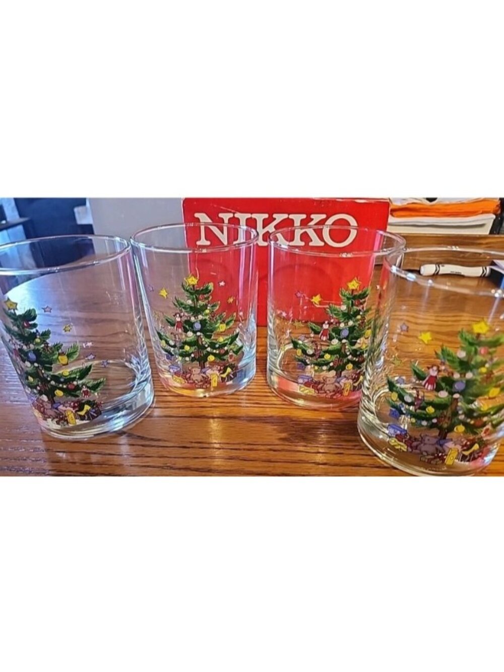 Set Of 4 Nikko Christmas Tree Glasses Holiday Double Old Fashioned 14oz NOS